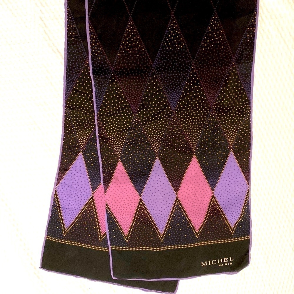 Michel Paris Silk Argyle Scarf Black and Purple 52 Inch